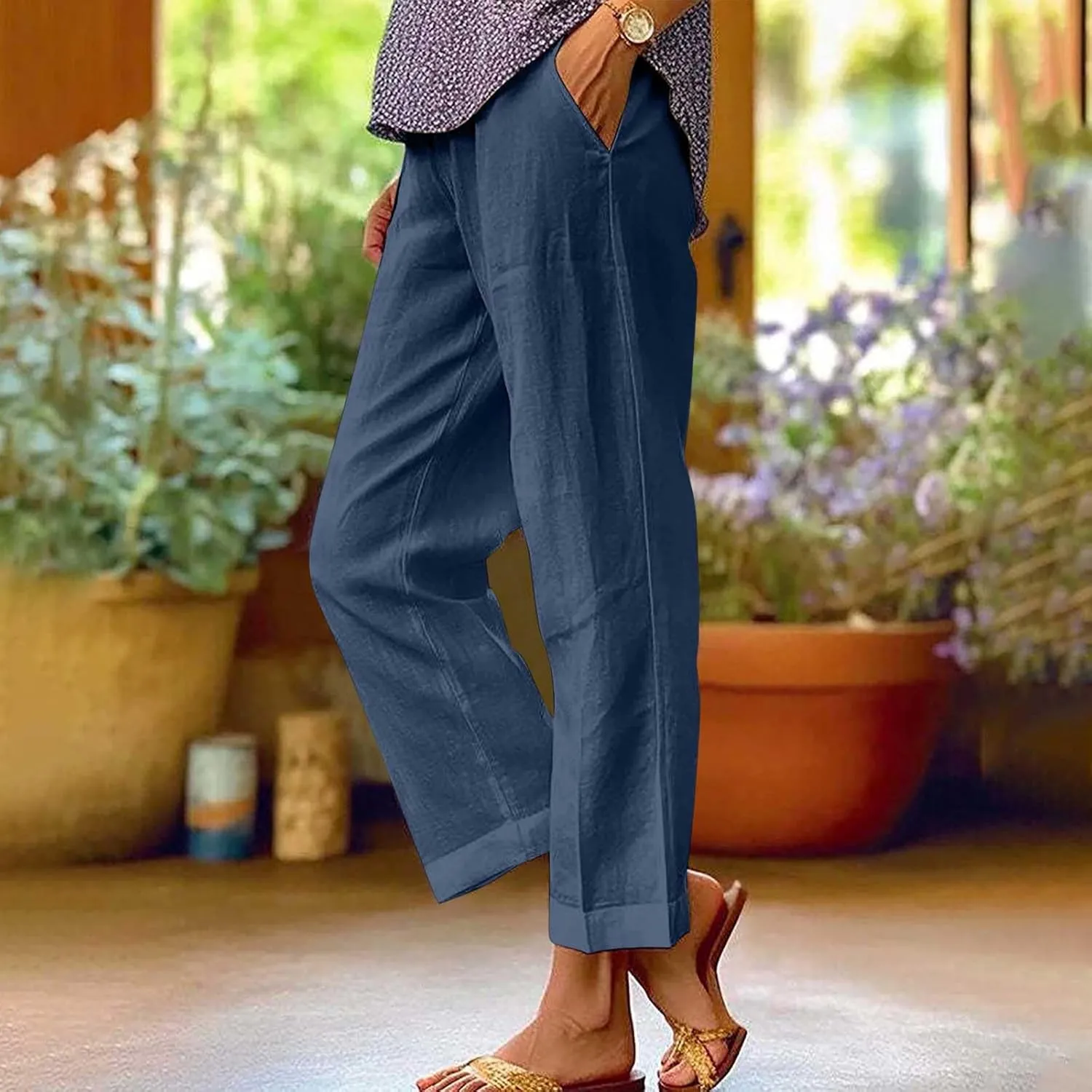2024 Cotton Linen Pants Women Summer Elastic Waist Crop Pants Plus Size Straight Leg Slack Casual Trouser with Pocket