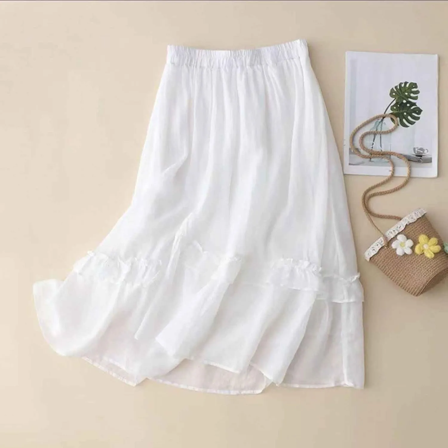 2025 Trendy Skirts for Women Solid Elastic High Waisted Tiered Frill Ruffled Flowy Skorts Summer Casual Loose Skirt