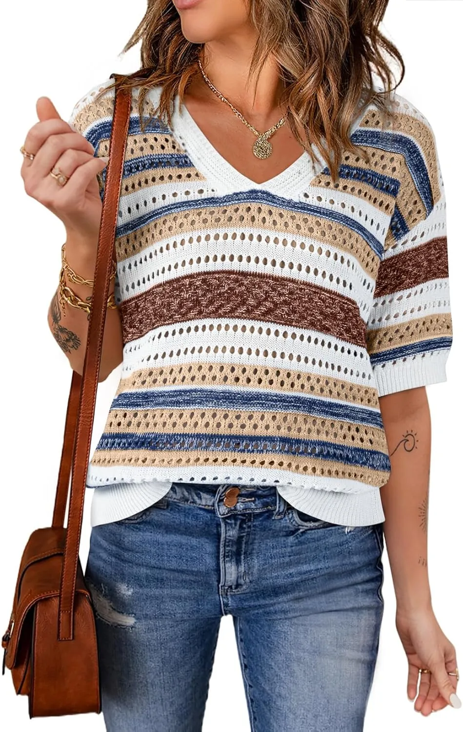 Acelitt Womens Short Sleeve Crochet Knit Sweater Hollow Out Striped Tops Beach Vacation Cruise Outfits
