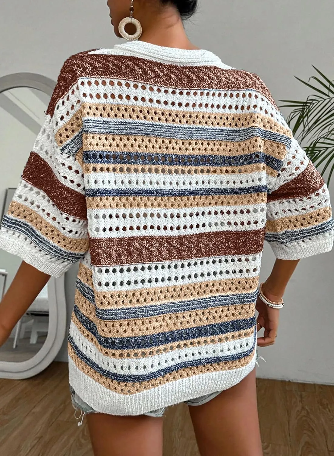 Acelitt Womens Short Sleeve Crochet Knit Sweater Hollow Out Striped Tops Beach Vacation Cruise Outfits