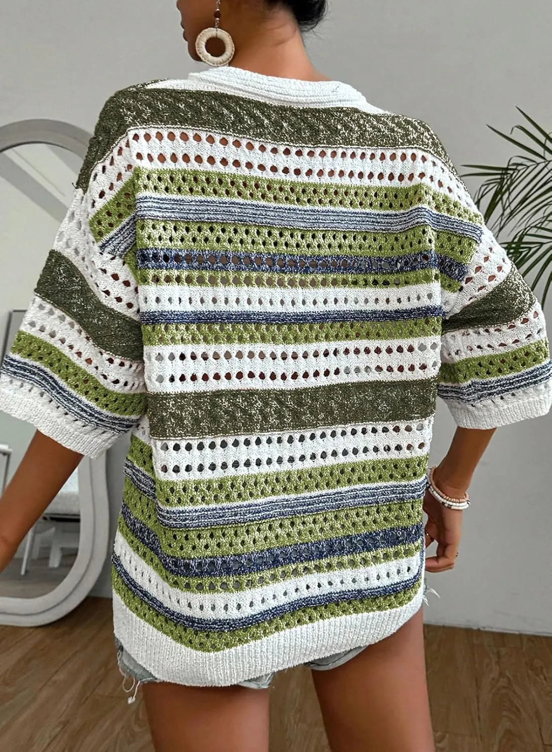 Acelitt Womens Short Sleeve Crochet Knit Sweater Hollow Out Striped Tops Beach Vacation Cruise Outfits
