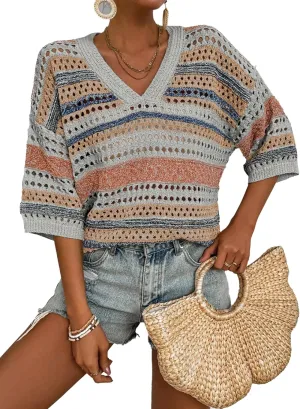 Acelitt Womens Short Sleeve Crochet Knit Sweater Hollow Out Striped Tops Beach Vacation Cruise Outfits