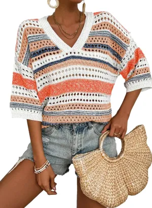 Acelitt Womens Short Sleeve Crochet Knit Sweater Hollow Out Striped Tops Beach Vacation Cruise Outfits