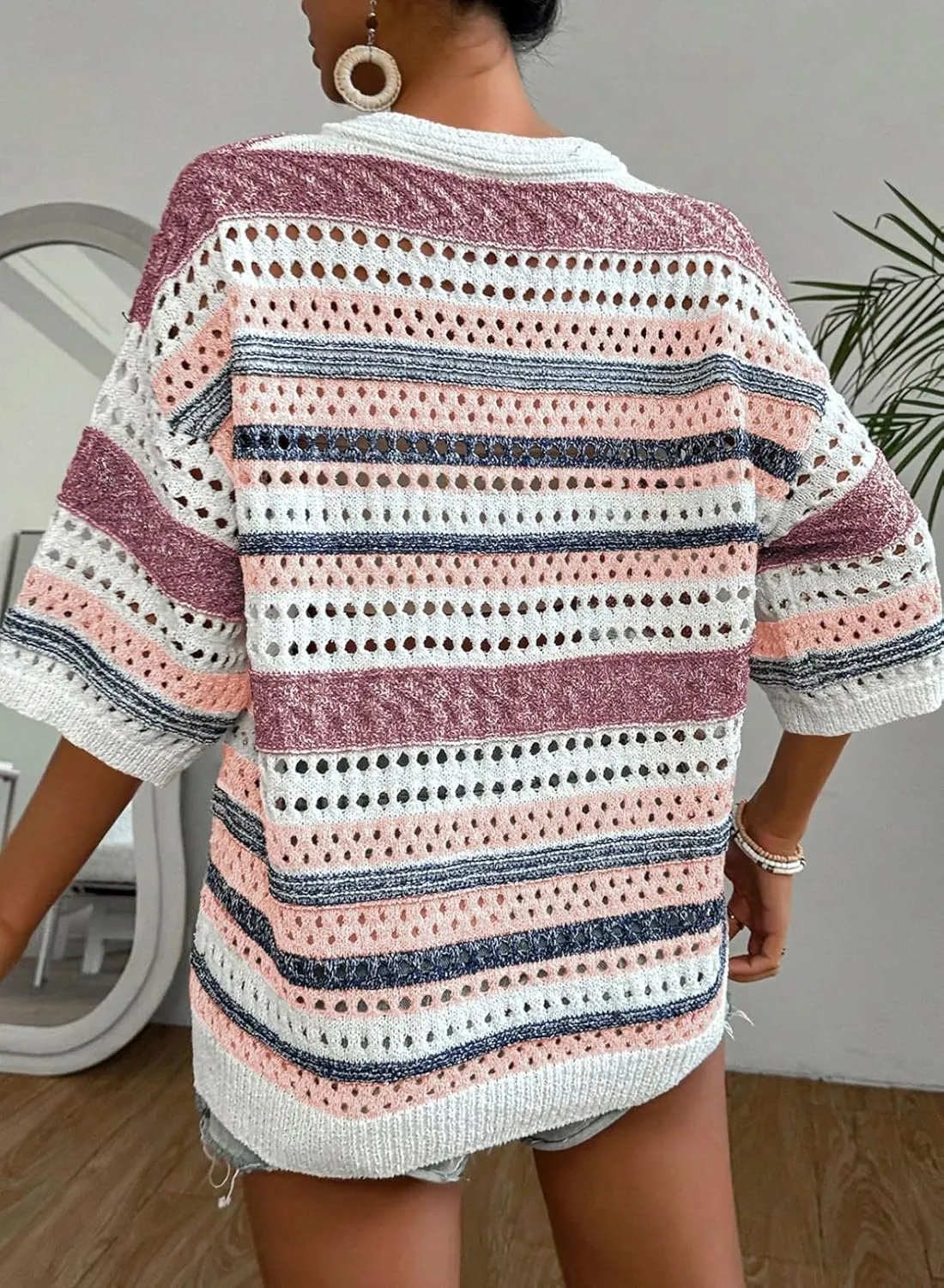 Acelitt Womens Short Sleeve Crochet Knit Sweater Hollow Out Striped Tops Beach Vacation Cruise Outfits