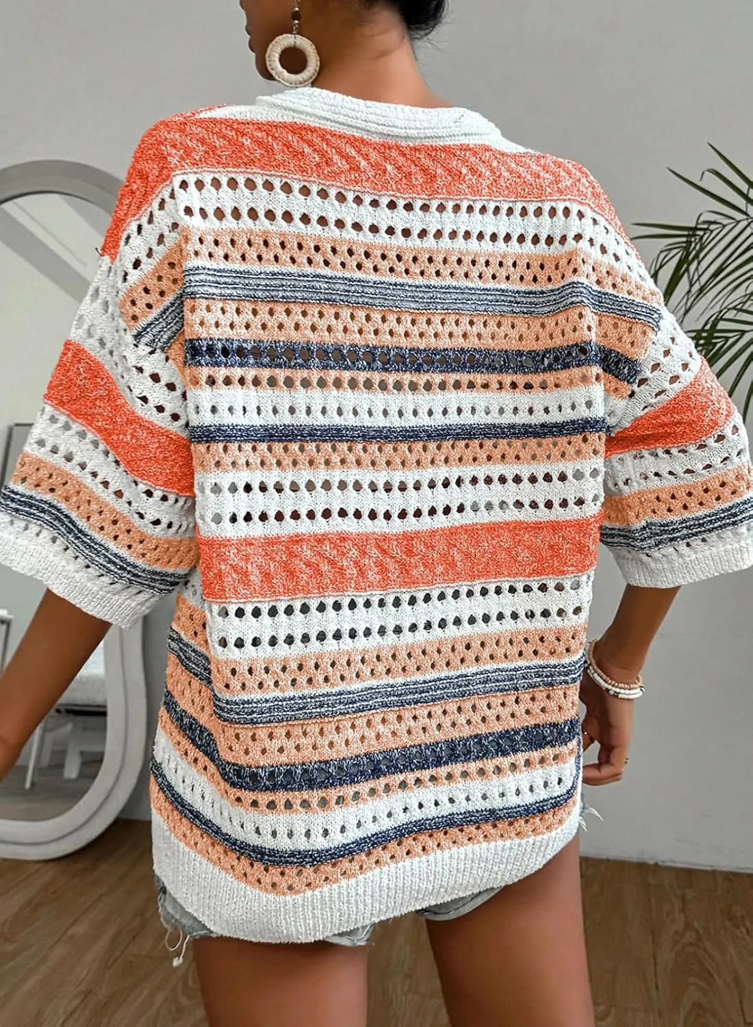 Acelitt Womens Short Sleeve Crochet Knit Sweater Hollow Out Striped Tops Beach Vacation Cruise Outfits