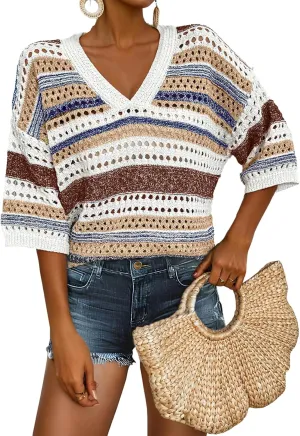 Acelitt Womens Short Sleeve Crochet Knit Sweater Hollow Out Striped Tops Beach Vacation Cruise Outfits