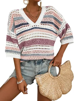 Acelitt Womens Short Sleeve Crochet Knit Sweater Hollow Out Striped Tops Beach Vacation Cruise Outfits