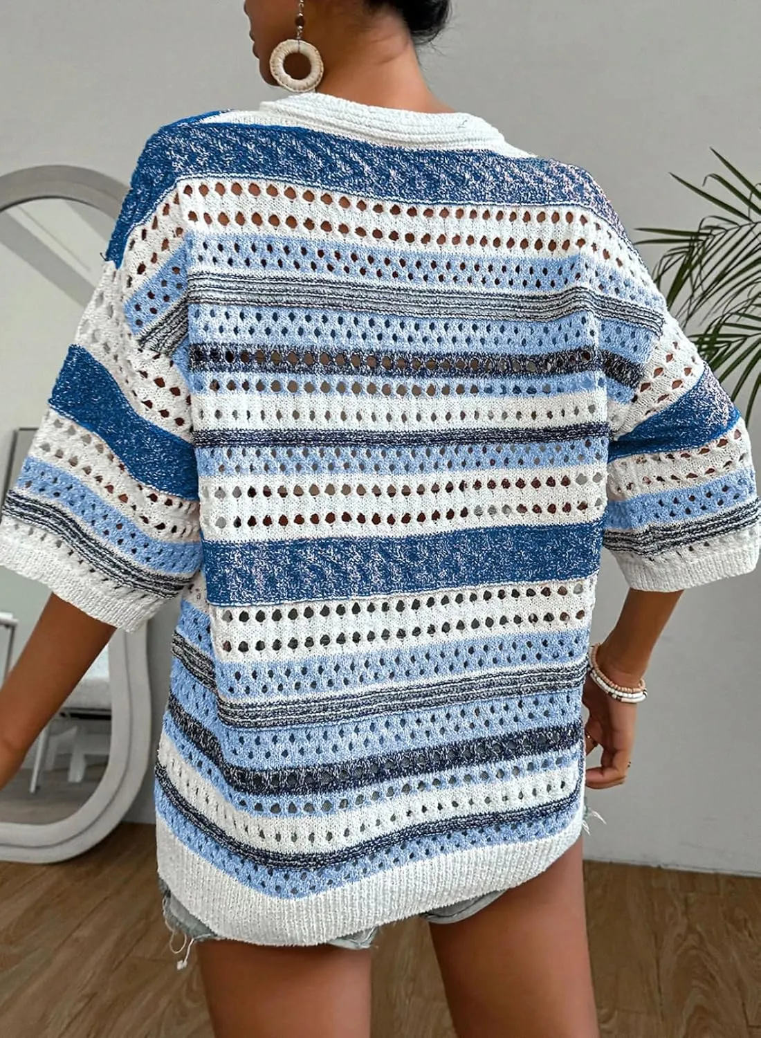 Acelitt Womens Short Sleeve Crochet Knit Sweater Hollow Out Striped Tops Beach Vacation Cruise Outfits
