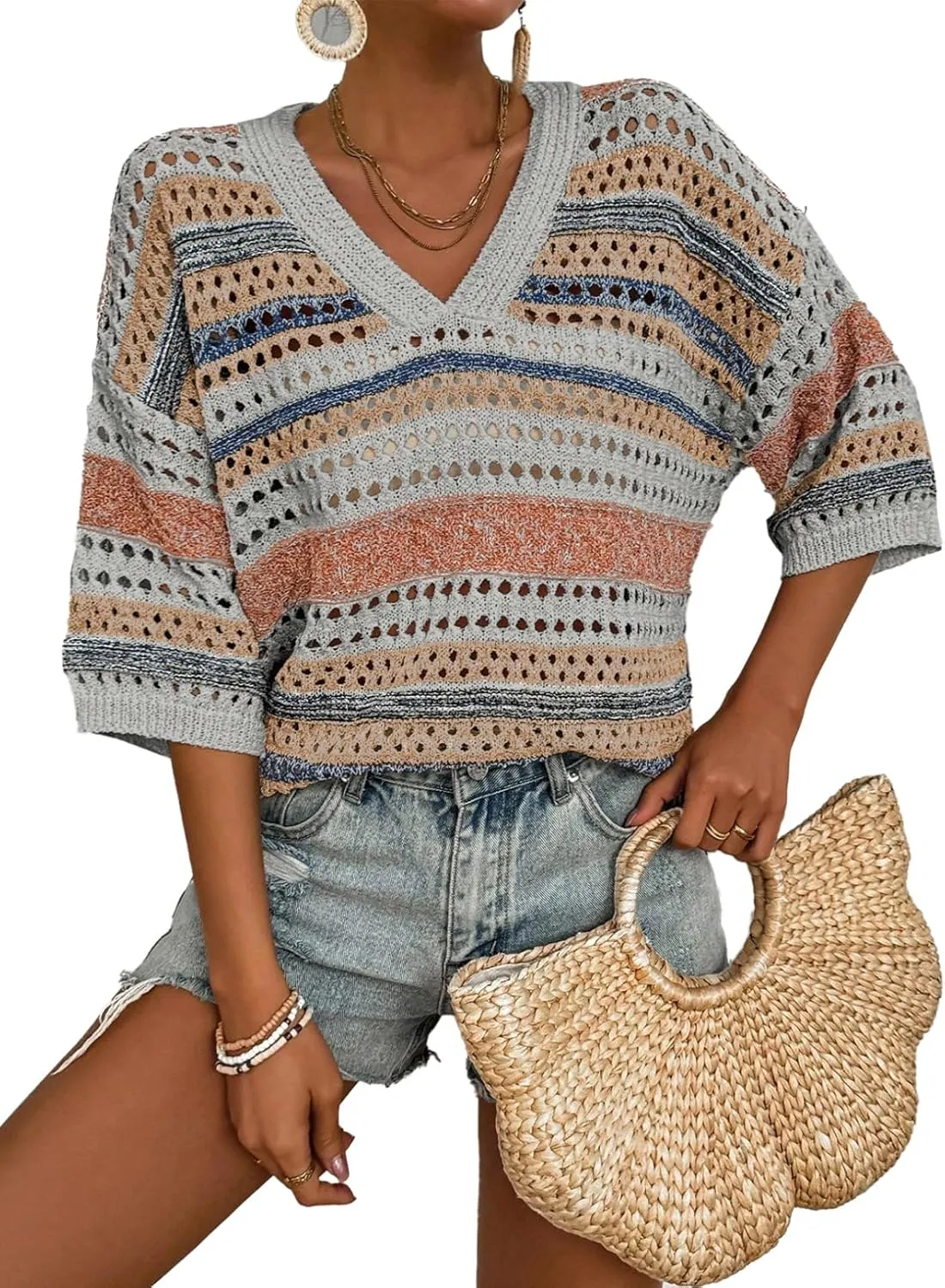 Acelitt Womens Short Sleeve Crochet Knit Sweater Hollow Out Striped Tops Beach Vacation Cruise Outfits