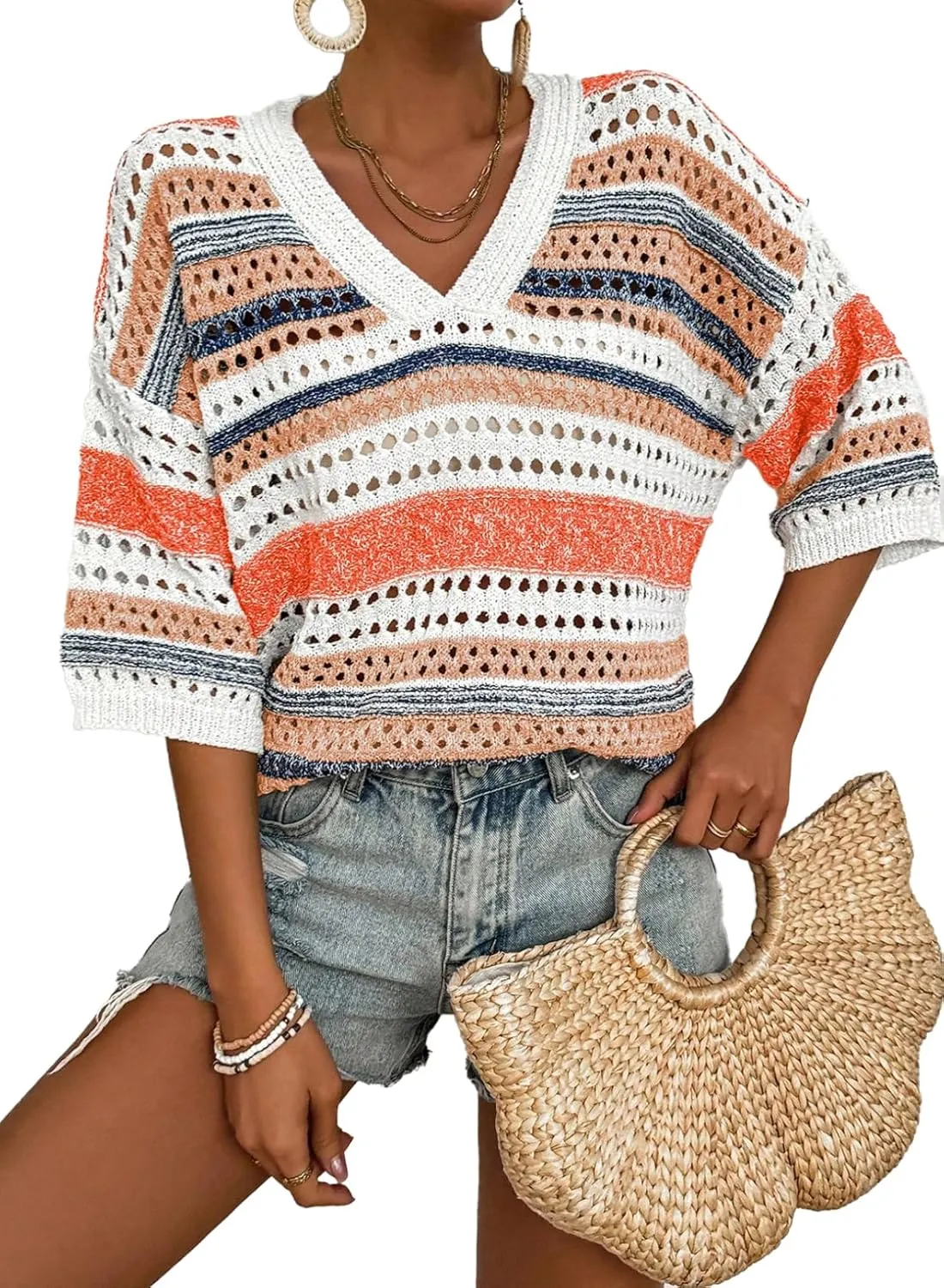 Acelitt Womens Short Sleeve Crochet Knit Sweater Hollow Out Striped Tops Beach Vacation Cruise Outfits