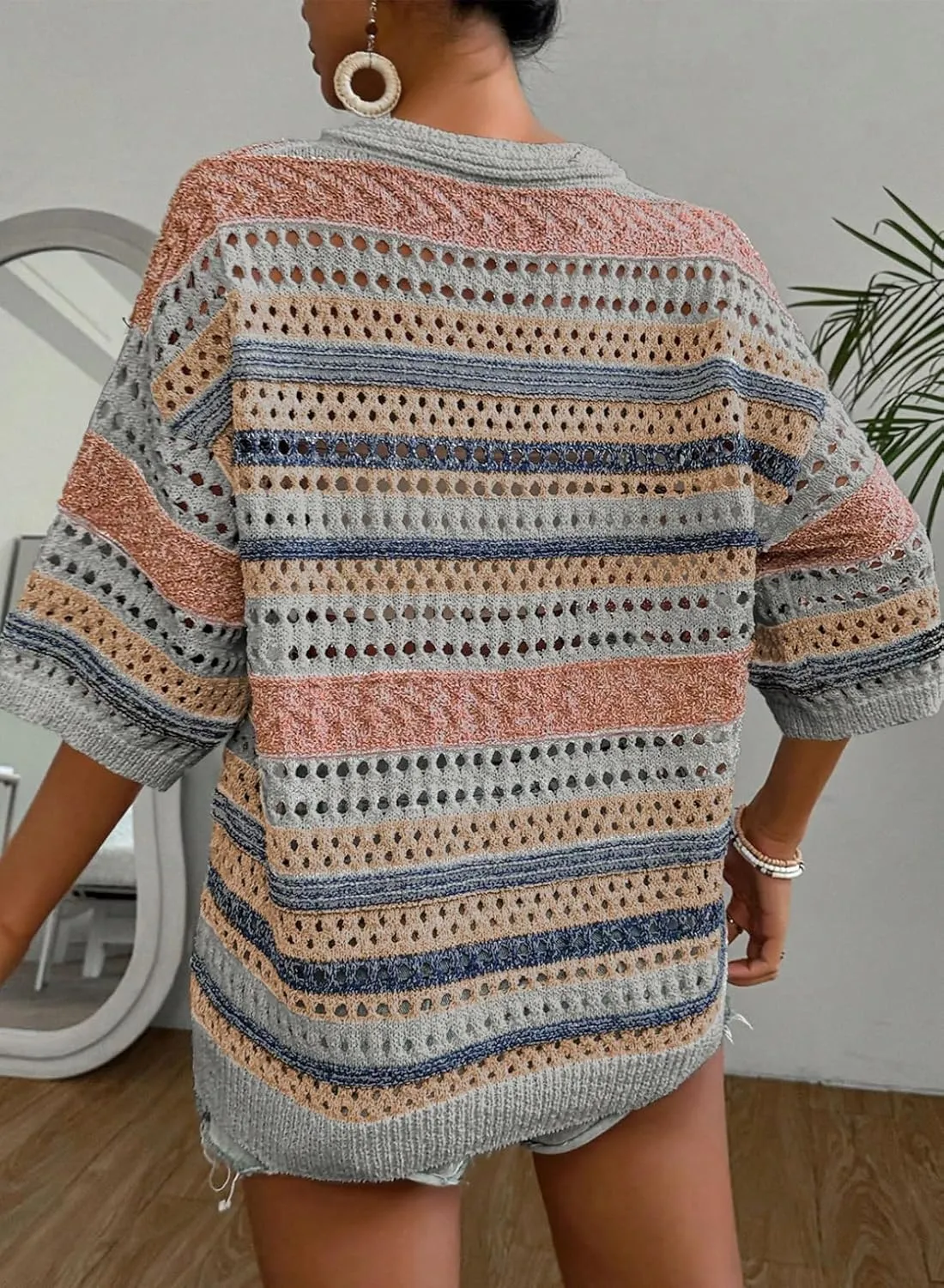 Acelitt Womens Short Sleeve Crochet Knit Sweater Hollow Out Striped Tops Beach Vacation Cruise Outfits