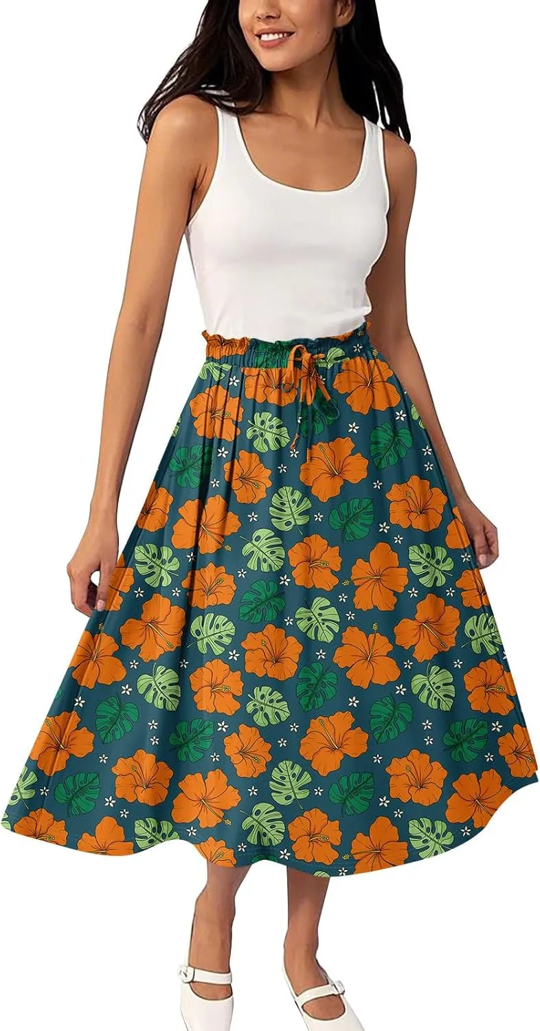 ADHOWBEW Boho Skirts for Women Beach A Line Plus Size Flowy High Waisted Cute Casual Midi Length Ruffle Trendy Spring Skirts