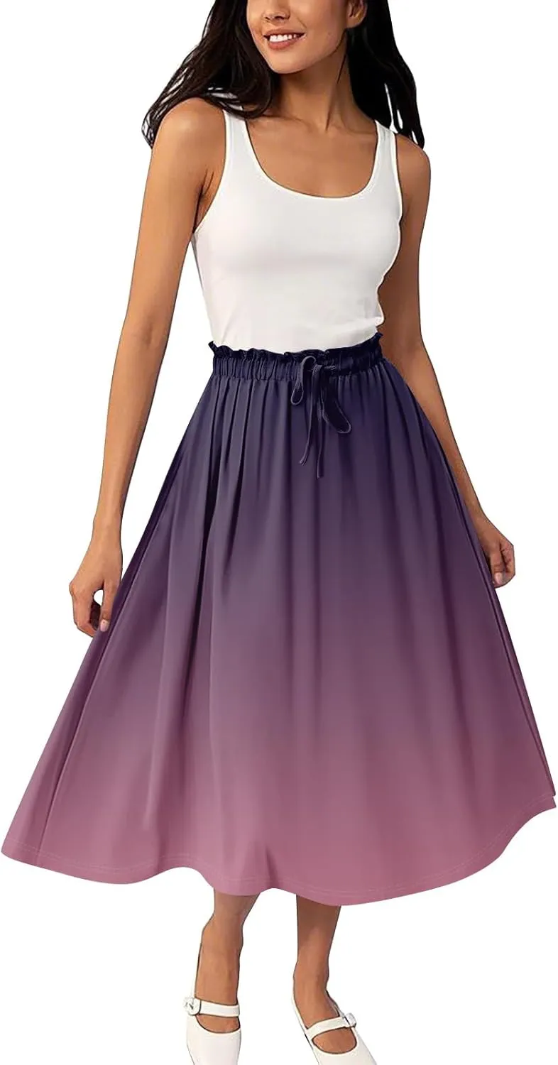 ADHOWBEW Long Skirts for Women A Line Midi Length Ruffle Plus Size Trendy High Waisted Cute Casual Flowy Beach Spring Skirts