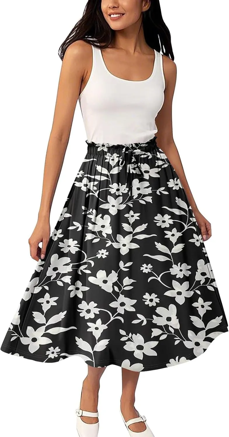 ADHOWBEW Long Skirts for Women Plus Size Casual Flowy A Line Ruffle Beach Midi Length Trendy Cute High Waisted Summer Skirts