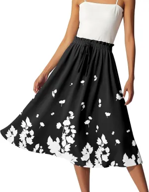 ADHOWBEW Midi Skirts for Women Plus Size High Waisted Beach Trendy Flowy Ruffle Midi Length Casual Cute A Line Summer Skirts