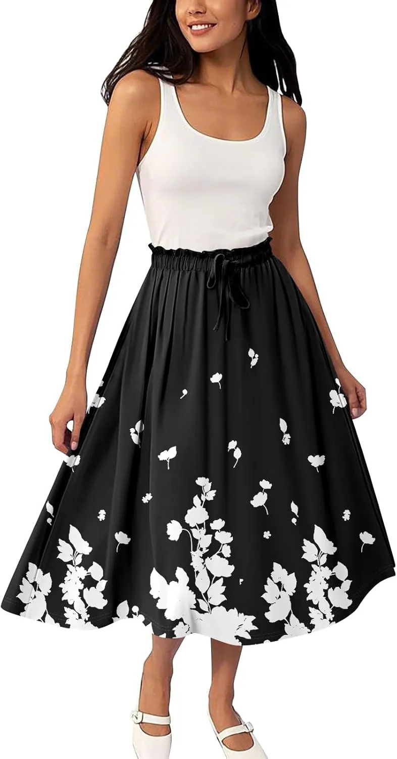 ADHOWBEW Midi Skirts for Women Plus Size High Waisted Beach Trendy Flowy Ruffle Midi Length Casual Cute A Line Summer Skirts