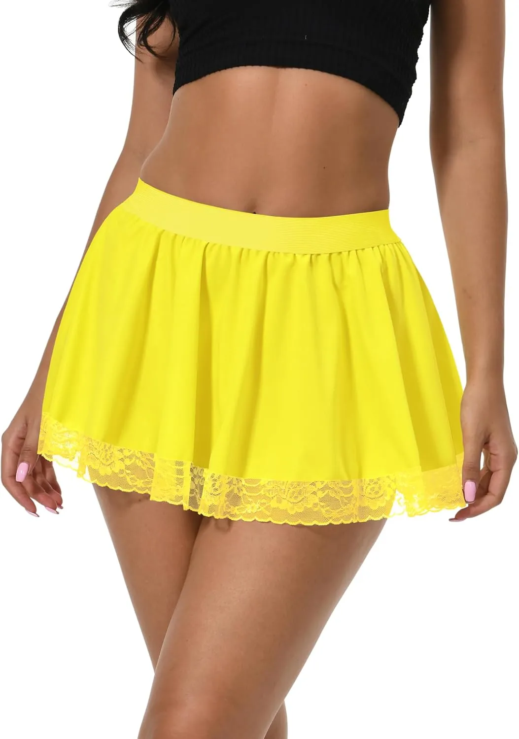 Afibi Women Pleated Mini Skirt Sexy Lace Skirt School Girl Short Skirts