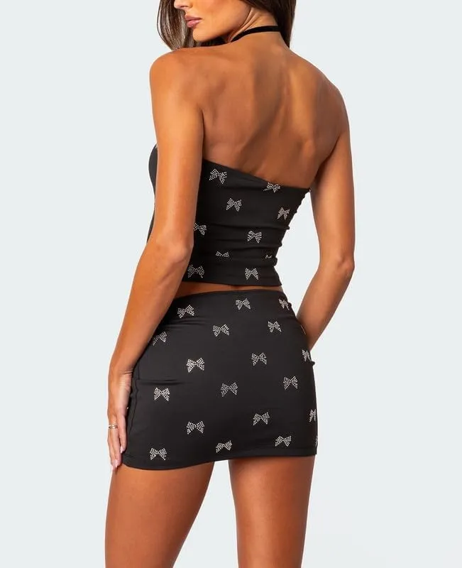 Argeousgor Women Sexy Two Piece Skirt Sets Strapless Hollow Out Tube Tops Bodycon Mini Skirts Night Party Club Outfit