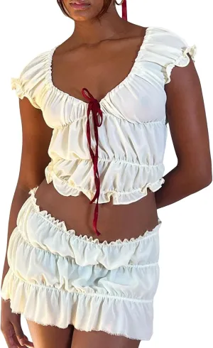 Argeousgor Women Sexy Two Piece Skirt Sets Strapless Hollow Out Tube Tops Bodycon Mini Skirts Night Party Club Outfit