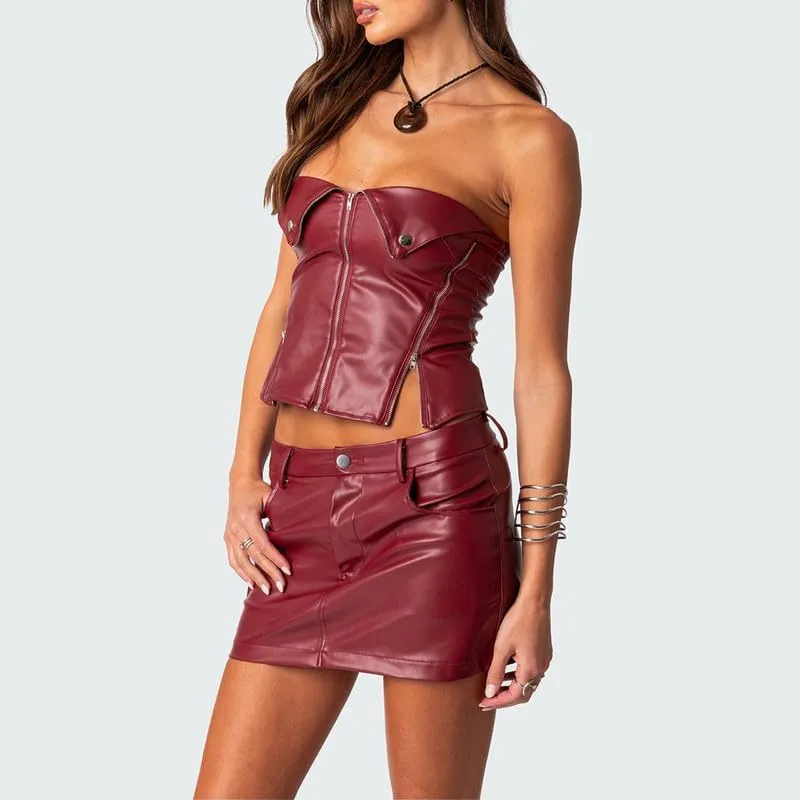 Argeousgor Women Sexy Two Piece Skirt Sets Strapless Hollow Out Tube Tops Bodycon Mini Skirts Night Party Club Outfit