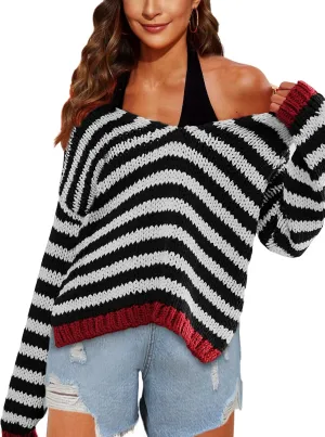 Athlisan Womens Oversized Striped Sweater Casual V Neck Long Sleeve Color Block Pullover