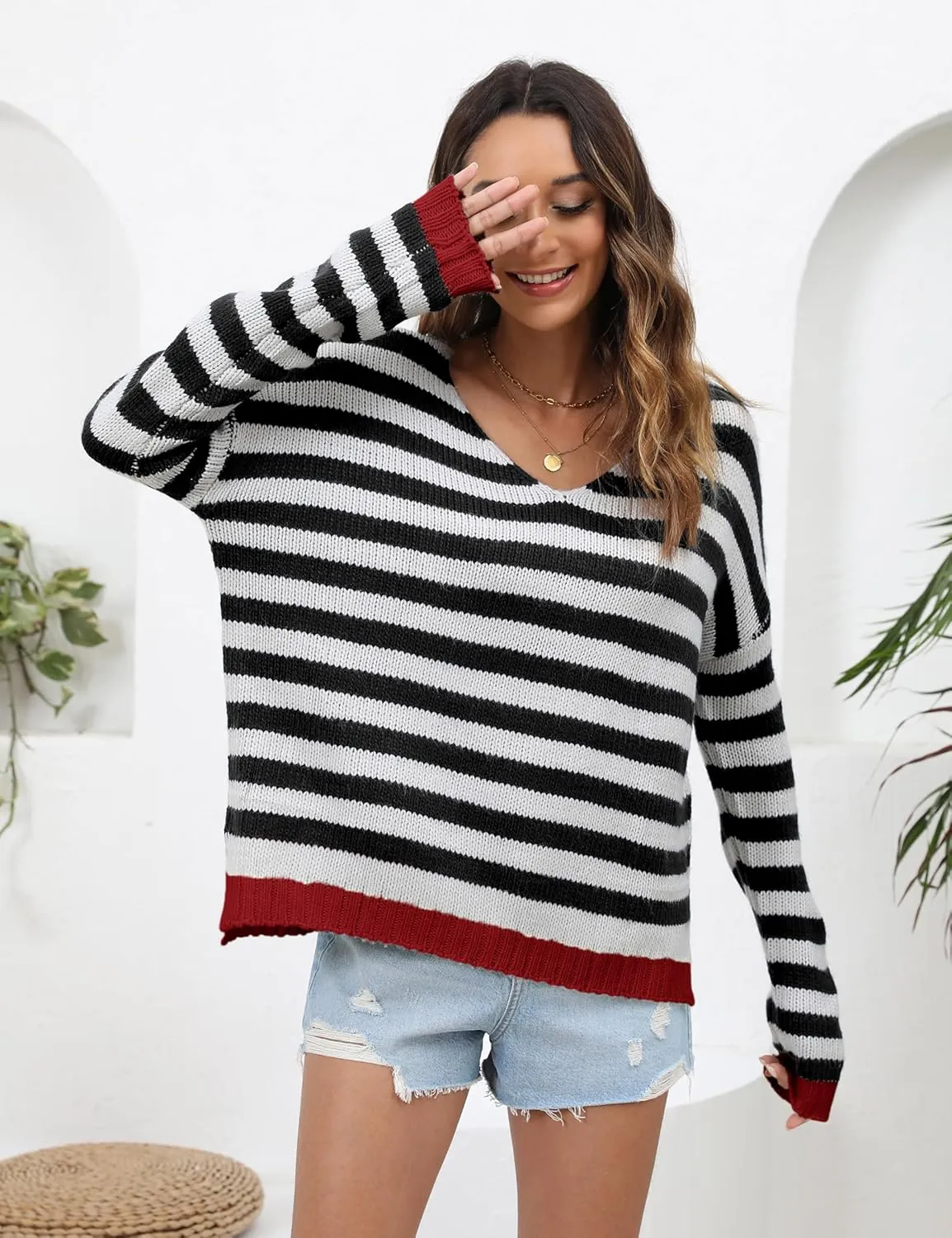 Athlisan Womens Oversized Striped Sweater Casual V Neck Long Sleeve Color Block Pullover