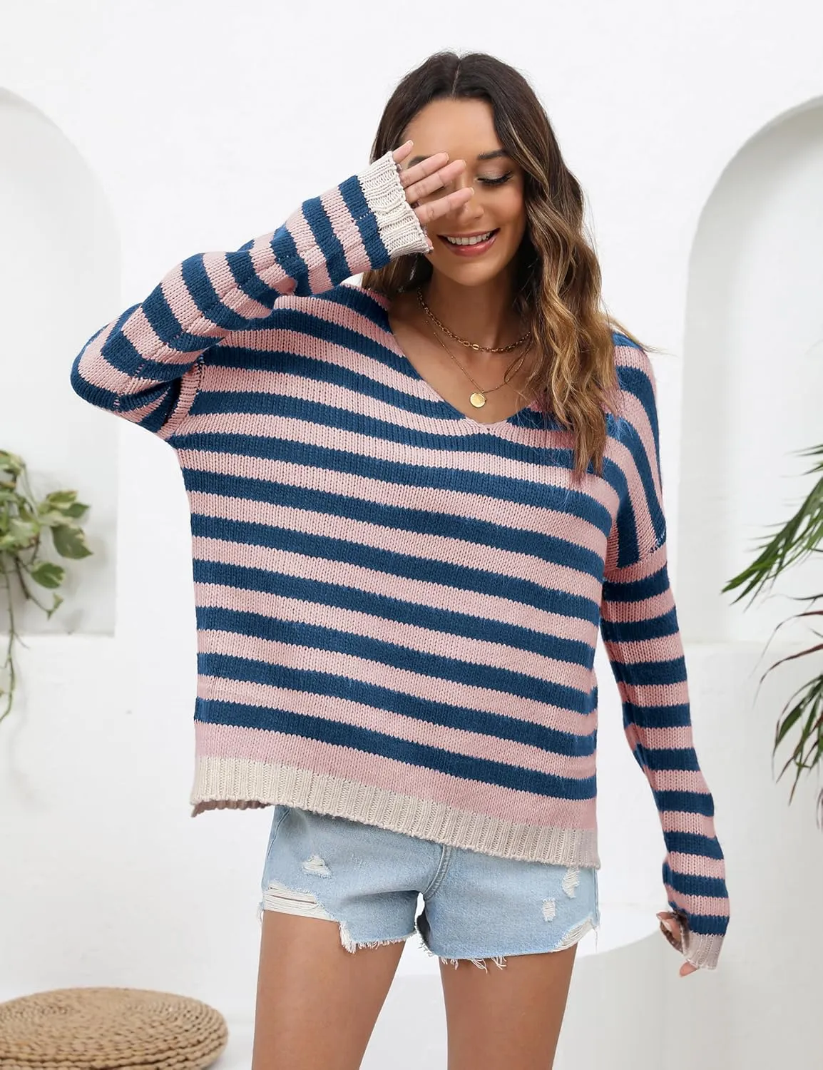 Athlisan Womens Oversized Striped Sweater Casual V Neck Long Sleeve Color Block Pullover