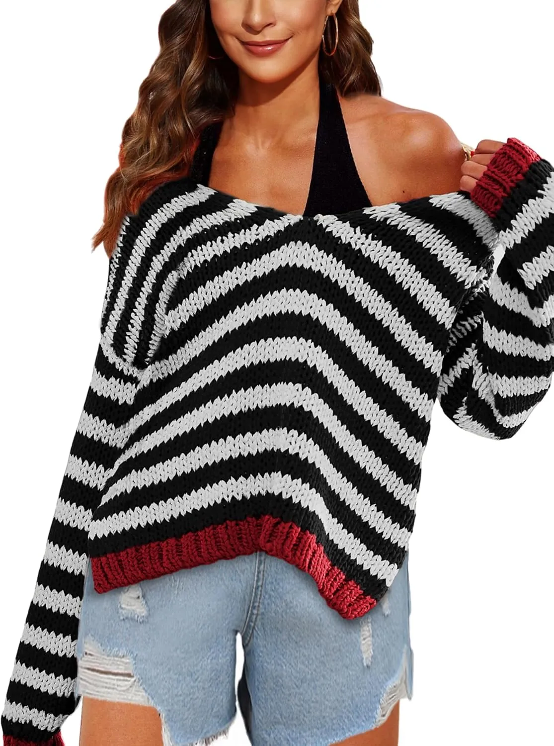 Athlisan Womens Oversized Striped Sweater Casual V Neck Long Sleeve Color Block Pullover