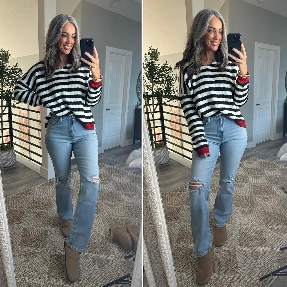 Athlisan Womens Oversized Striped Sweater Casual V Neck Long Sleeve Color Block Pullover