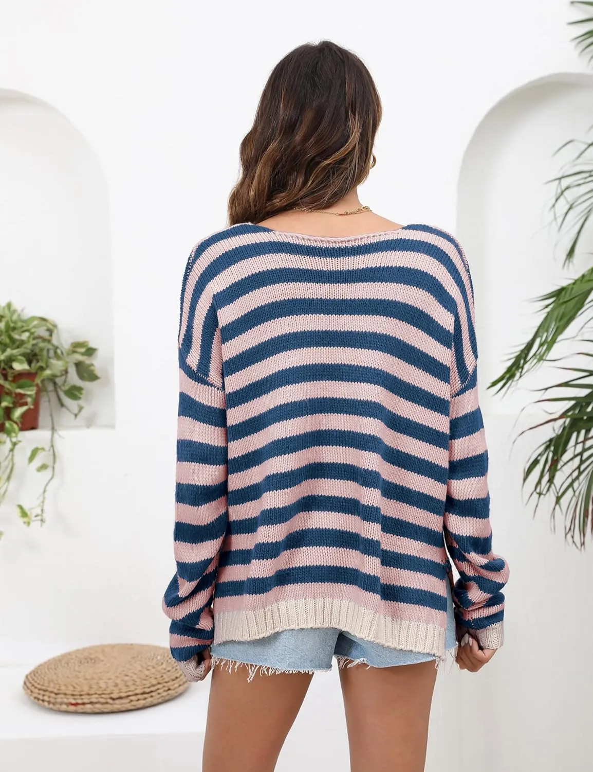 Athlisan Womens Oversized Striped Sweater Casual V Neck Long Sleeve Color Block Pullover
