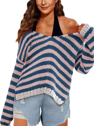 Athlisan Womens Oversized Striped Sweater Casual V Neck Long Sleeve Color Block Pullover