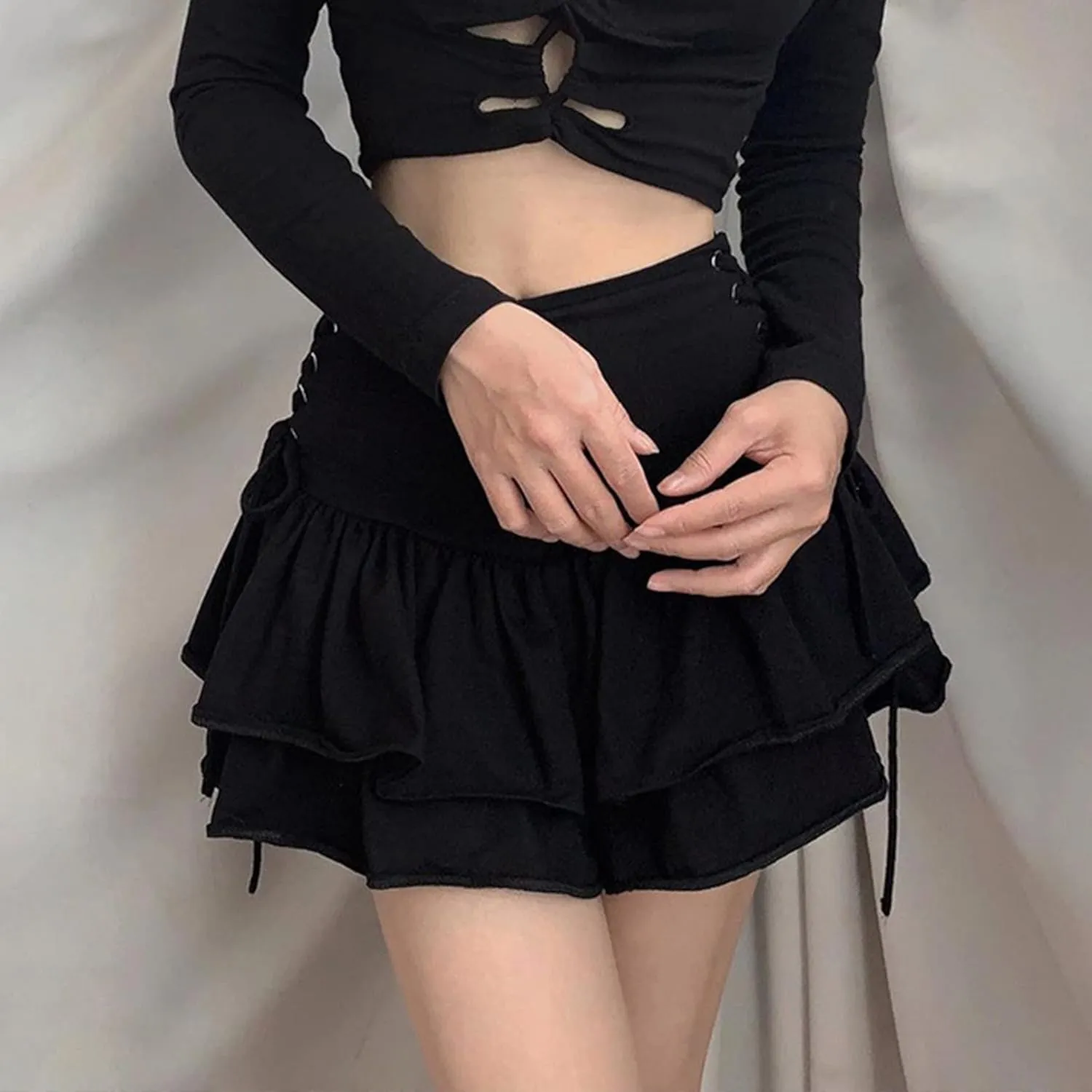 AULKEEP Womens Lace Up Skirts Goth Ruffle Mini Skirt Y2k Black High Waist Skirt Summer Punk Short Skirts