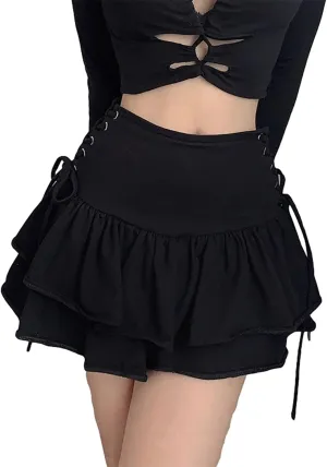 AULKEEP Womens Lace Up Skirts Goth Ruffle Mini Skirt Y2k Black High Waist Skirt Summer Punk Short Skirts