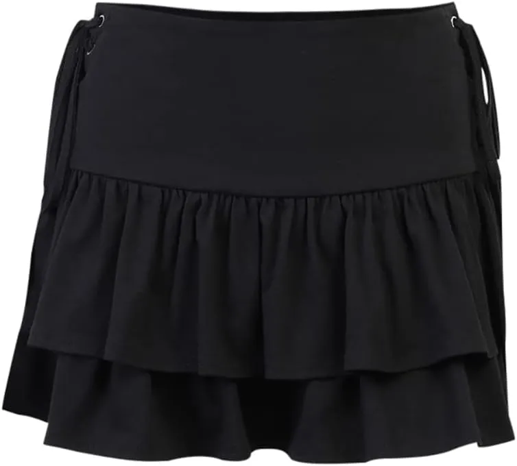 AULKEEP Womens Lace Up Skirts Goth Ruffle Mini Skirt Y2k Black High Waist Skirt Summer Punk Short Skirts