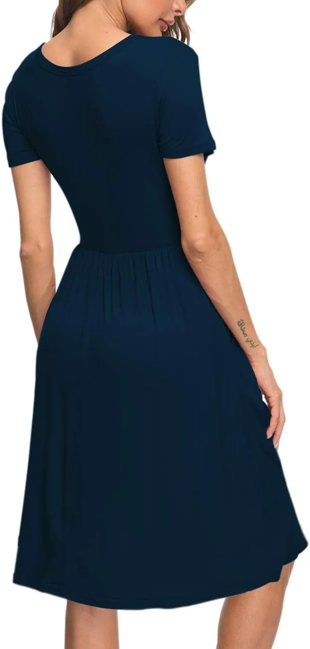 AUSELILY Women's Short Sleeve Empire Waist Dress Pleated Loose Swing Knee Length Dresses with Pockets 2025 New
