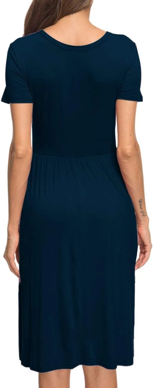 AUSELILY Women's Short Sleeve Empire Waist Dress Pleated Loose Swing Knee Length Dresses with Pockets 2025 New