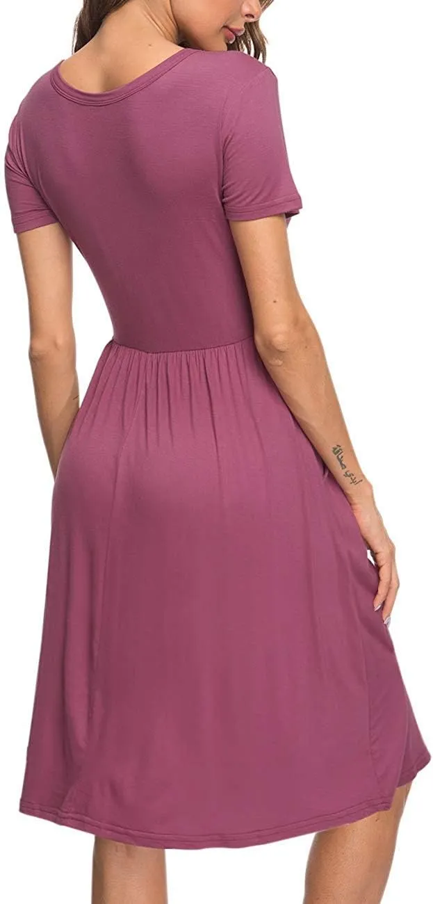 AUSELILY Women's Short Sleeve Empire Waist Dress Pleated Loose Swing Knee Length Dresses with Pockets 2025 New