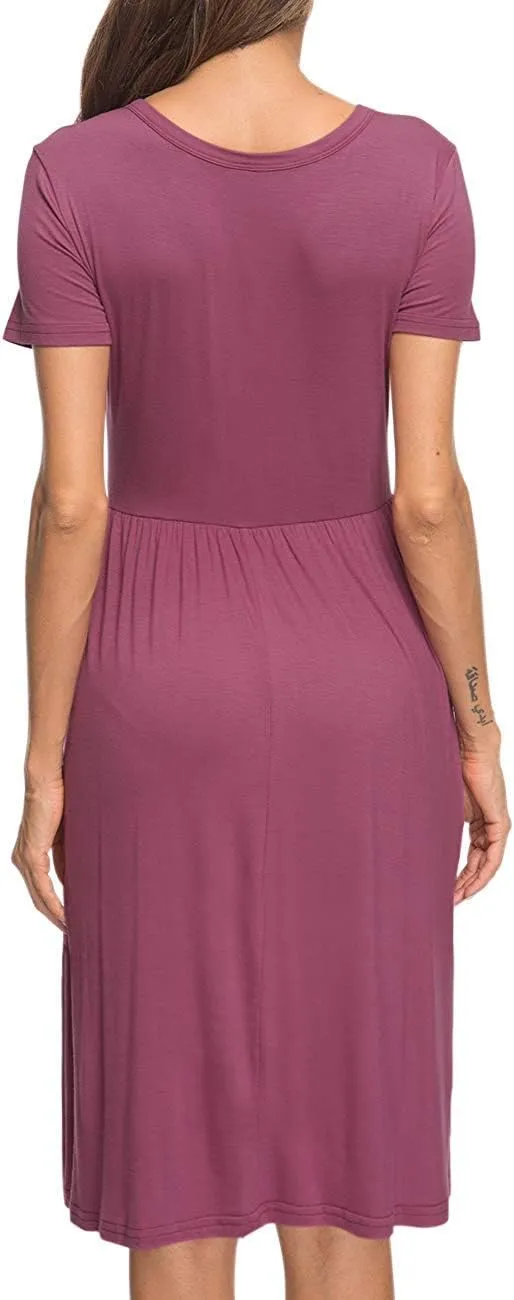 AUSELILY Women's Short Sleeve Empire Waist Dress Pleated Loose Swing Knee Length Dresses with Pockets 2025 New