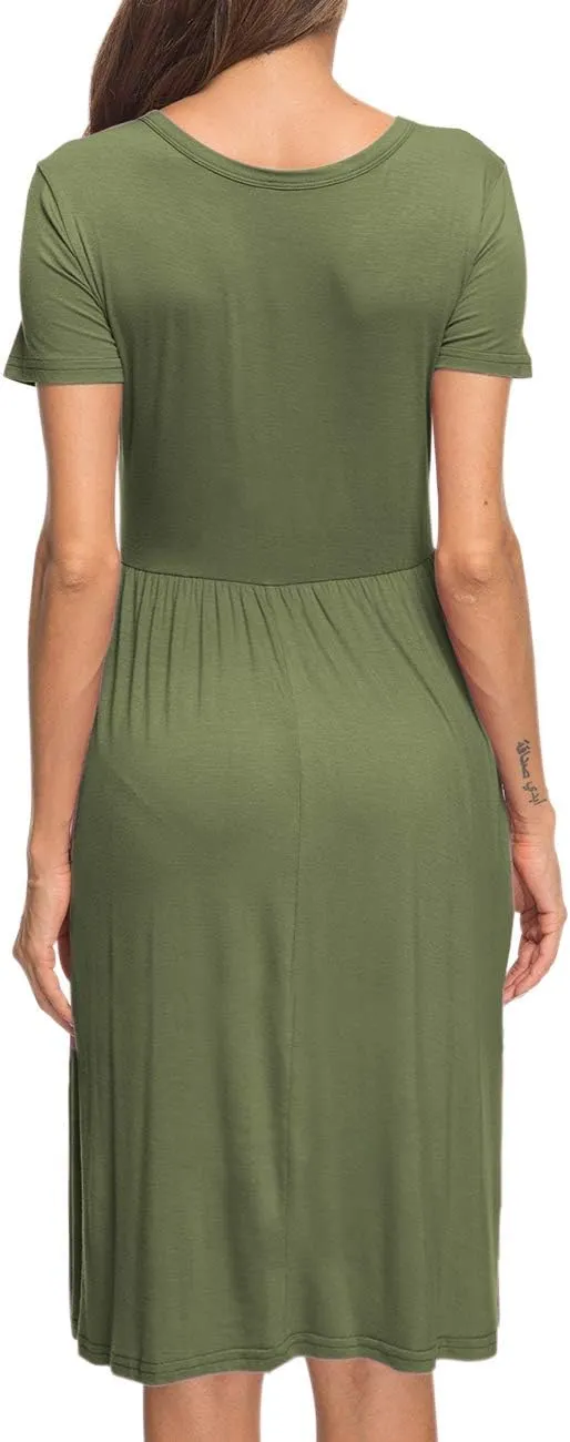AUSELILY Women's Short Sleeve Empire Waist Dress Pleated Loose Swing Knee Length Dresses with Pockets 2025 New