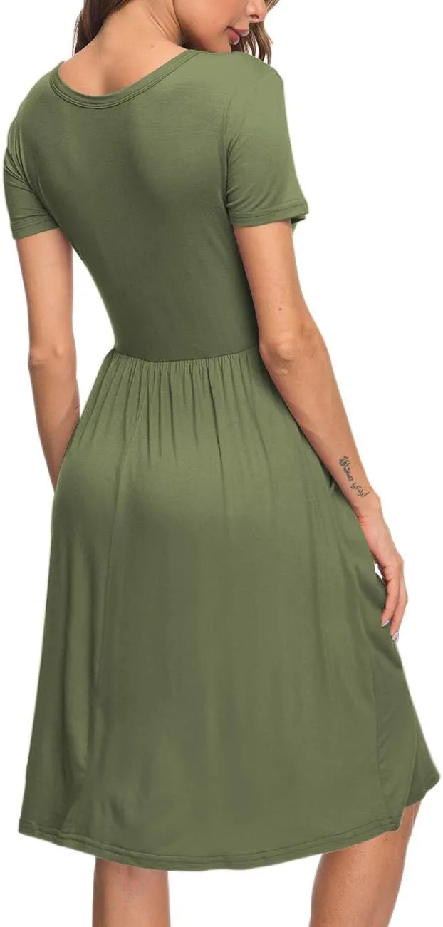 AUSELILY Women's Short Sleeve Empire Waist Dress Pleated Loose Swing Knee Length Dresses with Pockets 2025 New