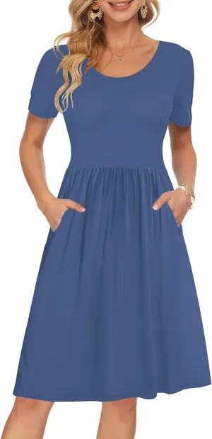 AUSELILY Women's Short Sleeve Empire Waist Dress Pleated Loose Swing Knee Length Dresses with Pockets 2025 New