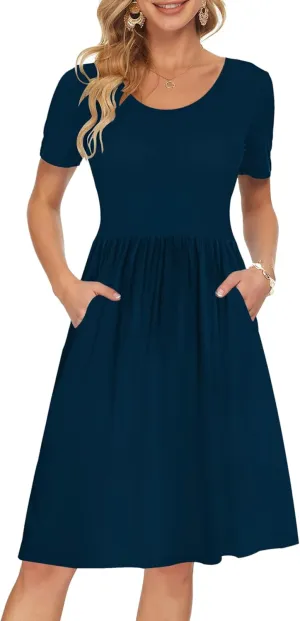 AUSELILY Women's Short Sleeve Empire Waist Dress Pleated Loose Swing Knee Length Dresses with Pockets 2025 New