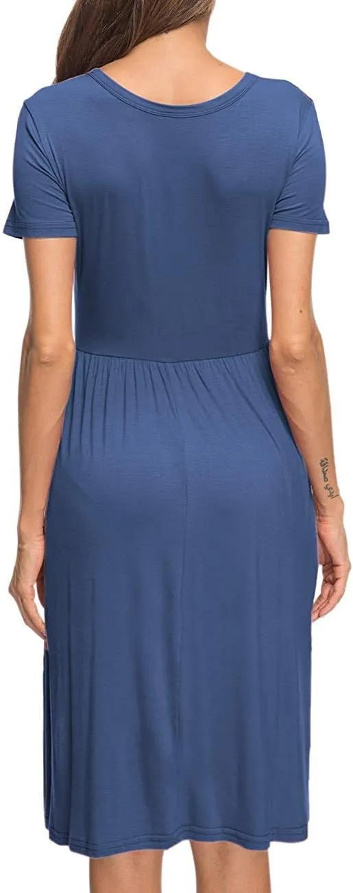 AUSELILY Women's Short Sleeve Empire Waist Dress Pleated Loose Swing Knee Length Dresses with Pockets 2025 New