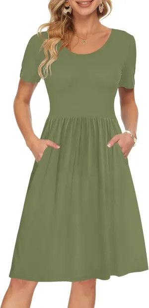 AUSELILY Women's Short Sleeve Empire Waist Dress Pleated Loose Swing Knee Length Dresses with Pockets 2025 New
