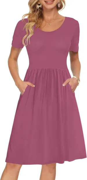 AUSELILY Women's Short Sleeve Empire Waist Dress Pleated Loose Swing Knee Length Dresses with Pockets 2025 New