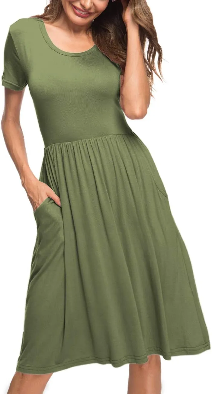 AUSELILY Women's Short Sleeve Empire Waist Dress Pleated Loose Swing Knee Length Dresses with Pockets 2025 New