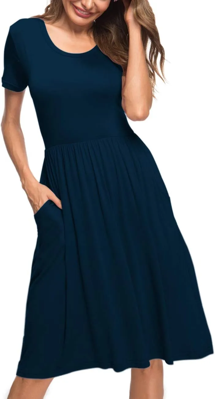 AUSELILY Women's Short Sleeve Empire Waist Dress Pleated Loose Swing Knee Length Dresses with Pockets 2025 New