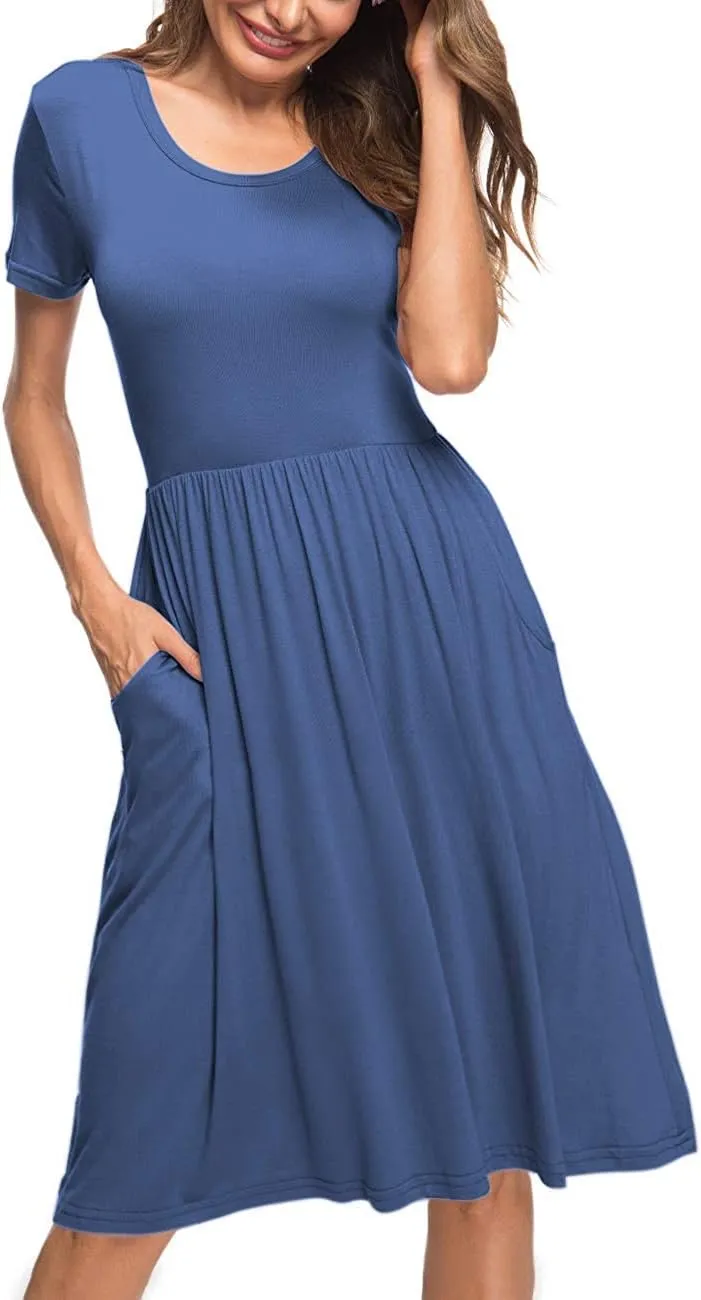 AUSELILY Women's Short Sleeve Empire Waist Dress Pleated Loose Swing Knee Length Dresses with Pockets 2025 New