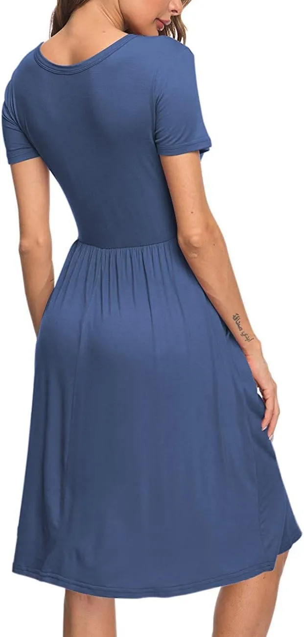 AUSELILY Women's Short Sleeve Empire Waist Dress Pleated Loose Swing Knee Length Dresses with Pockets 2025 New