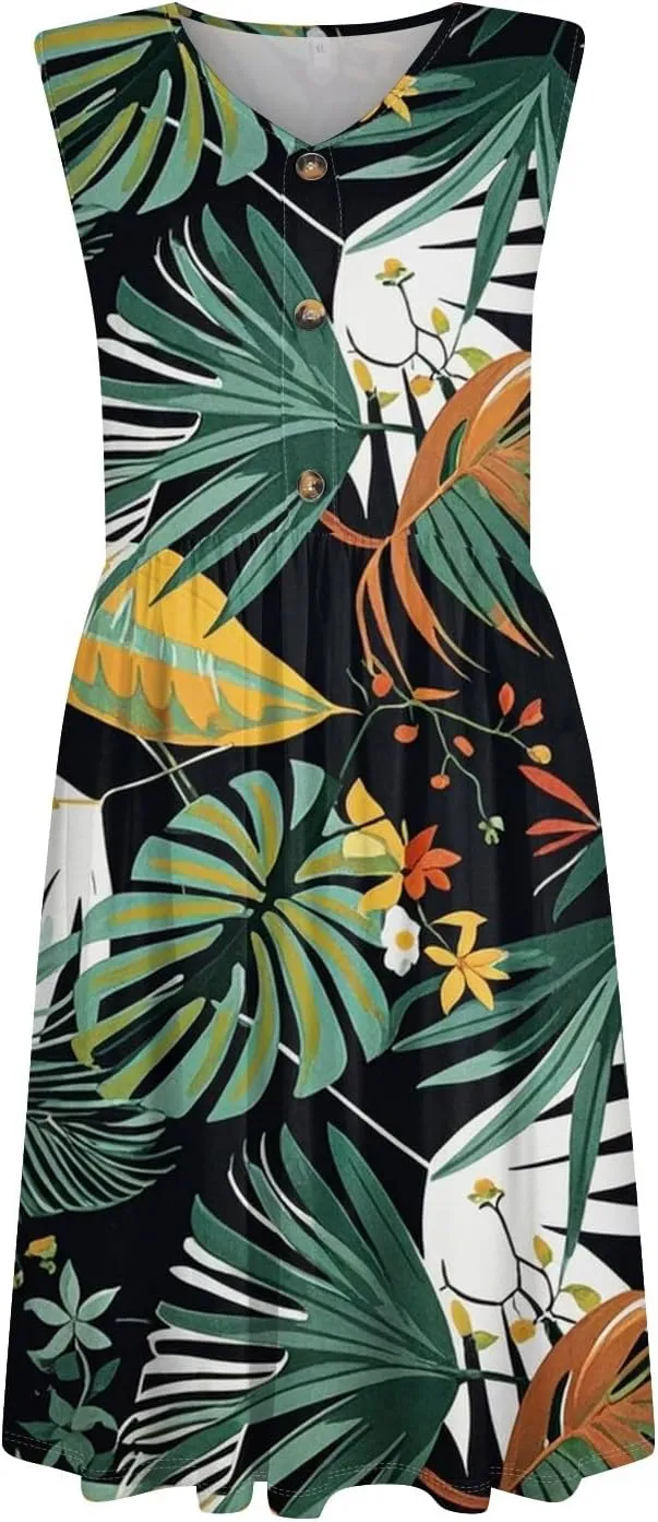 Azeralia Women's Summer Dresses V-Neck Sleeveless Boho Sundress Casual Loose Flowy Midi Dress Beach Printed Tank Dress
